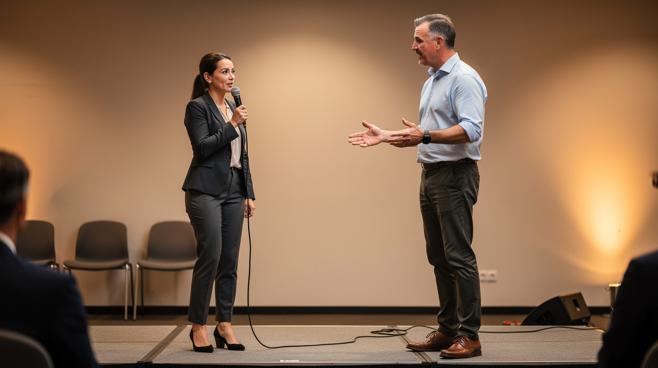 Trainer coaching a person on a small stage