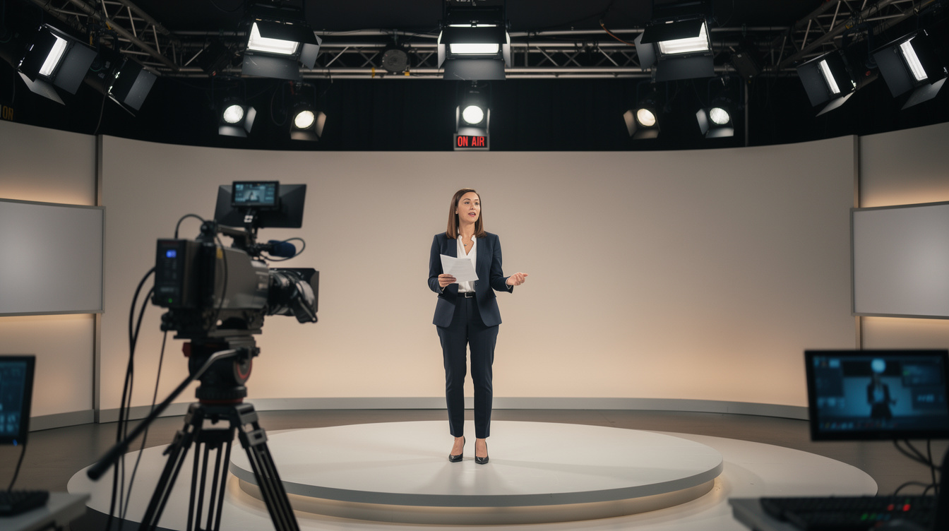 Speaker practicing in front of studio cameras and lights